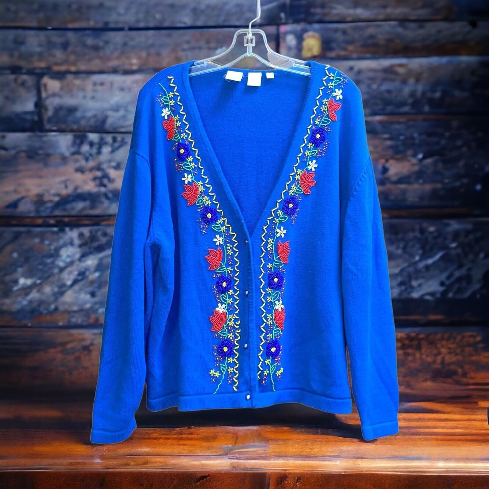 Vtg CW Clifford & Wills L Blue Beaded Colorful Flowers Cardigan Sweater